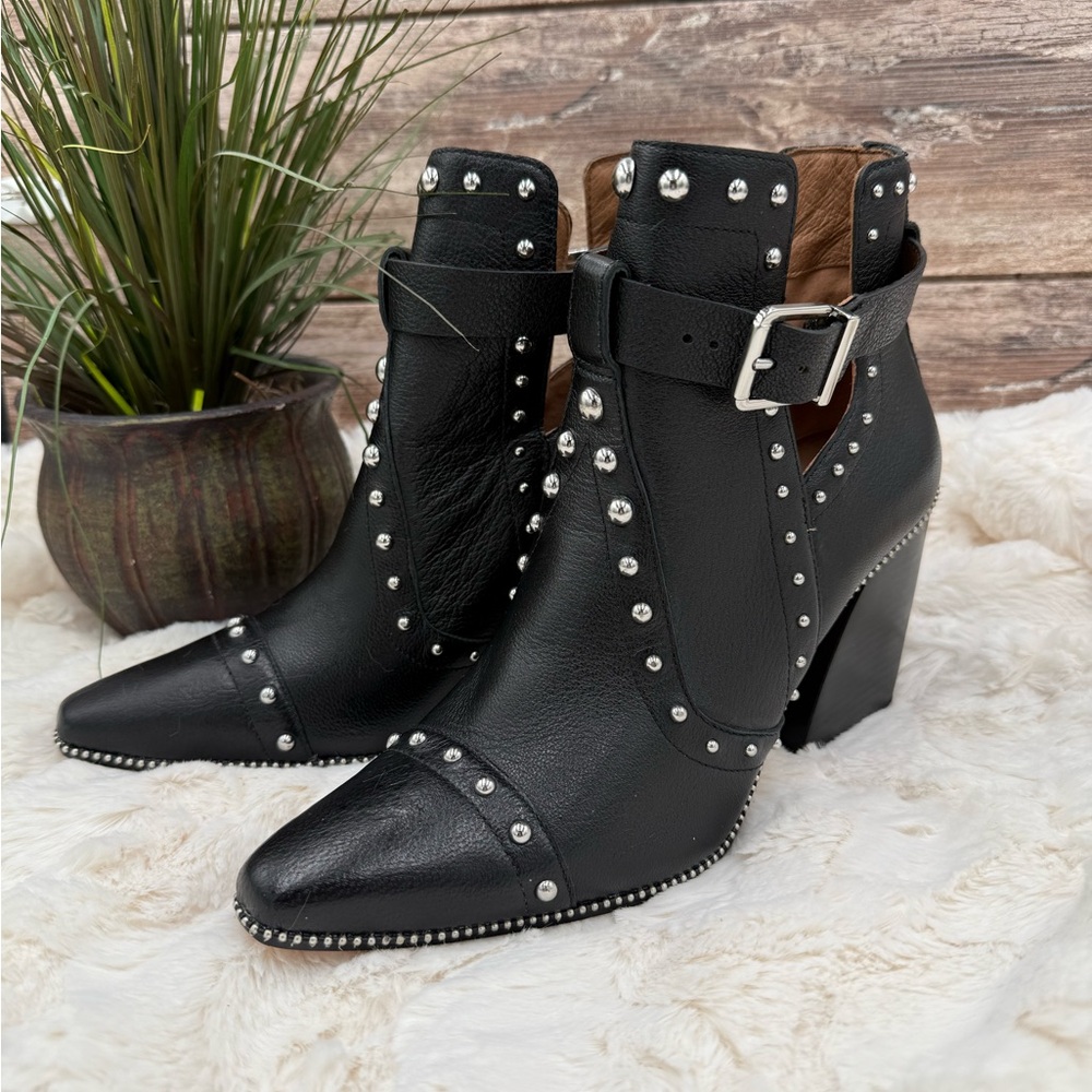 Antonio Melani Black Leather Block Heel Studded Ankle Boots with Buckle closure
